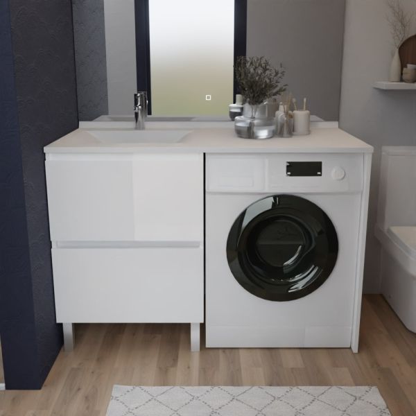 Meuble lave-linge IDEA coloris blanc, plan vasque déportée à gauche 124 cm x 65 cm