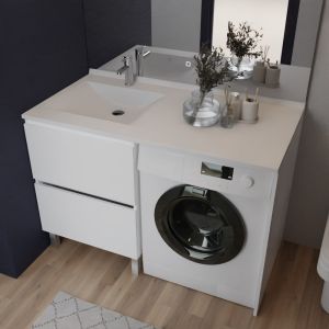 Meuble lave-linge IDEA coloris blanc, plan vasque déportée à gauche 124 cm x 65 cm