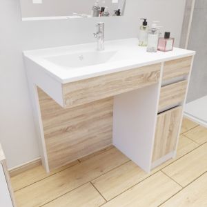 Meuble salle de bain PMR ANDY 90 cm simple vasque déportée à gauche couleur blanc et bois cambrian oak