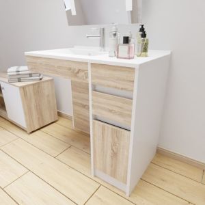 Meuble salle de bain PMR ANDY 90 cm simple vasque déportée à gauche couleur blanc et bois cambrian oak