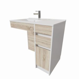 Meuble salle de bain PMR ANDY 90 cm simple vasque déportée à gauche couleur blanc et bois cambrian oak