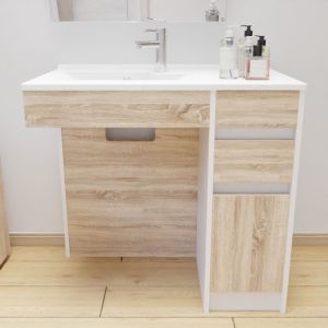 Meuble salle de bain PMR ANDY 90 cm simple vasque déportée à gauche couleur blanc et bois cambrian oak