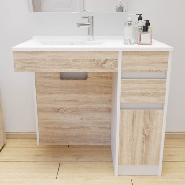 Meuble salle de bain PMR ANDY 90 cm simple vasque déportée à gauche couleur blanc et bois cambrian oak