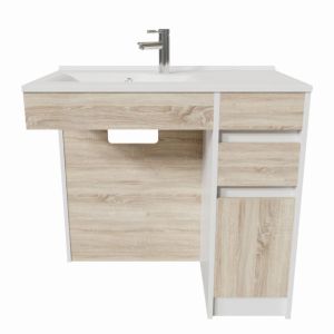 Meuble salle de bain PMR ANDY 90 cm simple vasque déportée à gauche couleur blanc et bois cambrian oak