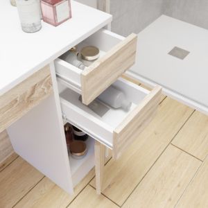 Meuble salle de bain PMR ANDY 90 cm simple vasque déportée à gauche couleur blanc et bois cambrian oak