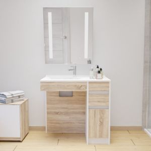 Meuble salle de bain PMR ANDY 90 cm vasque gauche et miroir inclinable ROTARY 70