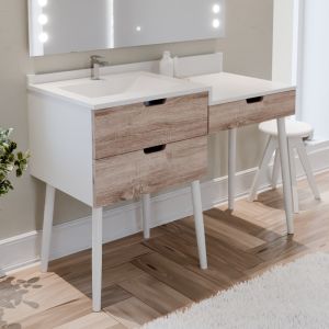 Meuble coiffeuse avec tiroirs et table maquillage salle de bain ALYA 120 cm bois et blanc avec vasque déportée à gauche 