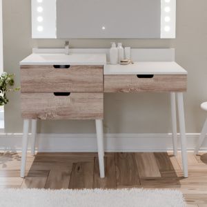 Meuble coiffeuse avec tiroirs et table maquillage salle de bain ALYA 120 cm bois et blanc avec vasque déportée à gauche 