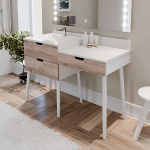 Meuble coiffeuse avec tiroirs et table maquillage salle de bain ALYA 120 cm bois et blanc avec vasque déportée à gauche 