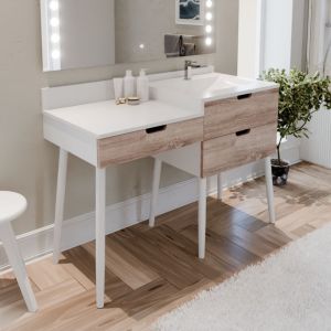 Meuble coiffeuse avec tiroirs et table maquillage salle de bain ALYA 120 cm bois et blanc avec vasque déportée à droite