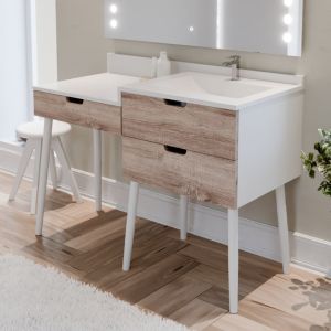 Meuble coiffeuse avec tiroirs et table maquillage salle de bain ALYA 120 cm bois et blanc avec vasque déportée à droite