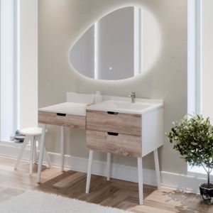 Meuble coiffeuse avec tiroir de salle de bain ALYA 120 cm vasque déportée à droite bois et blanc et miroir lumineux Drop 110 cm