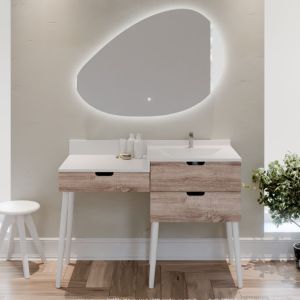 Meuble coiffeuse avec tiroir de salle de bain ALYA 120 cm vasque déportée à droite bois et blanc et miroir lumineux Drop 110 cm