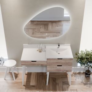 Meuble coiffeuse avec tiroir de salle de bain ALYA 120 cm vasque déportée à droite bois et blanc et miroir lumineux Drop 110 cm