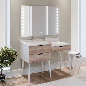 Meuble coiffeuse avec tiroir de salle de bain ALYA 120 cm vasque déportée à gauche bois et blanc et miroir lumineux Starled 120 