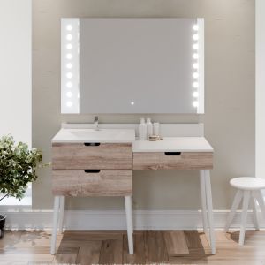 Meuble coiffeuse avec tiroir de salle de bain ALYA 120 cm vasque déportée à gauche bois et blanc et miroir lumineux Starled 120 