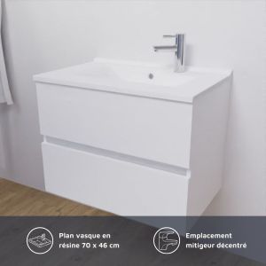 Meuble salle de bain suspendu 70 cm avec plan vasque en résine ROSALY - Blanc brillant