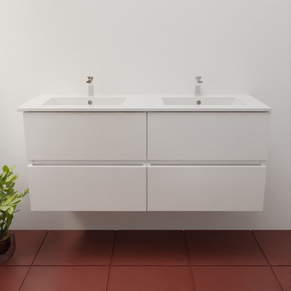 Meuble salle de bain suspendu 120 cm ROSINOX avec plan double vasque céramique - Blanc