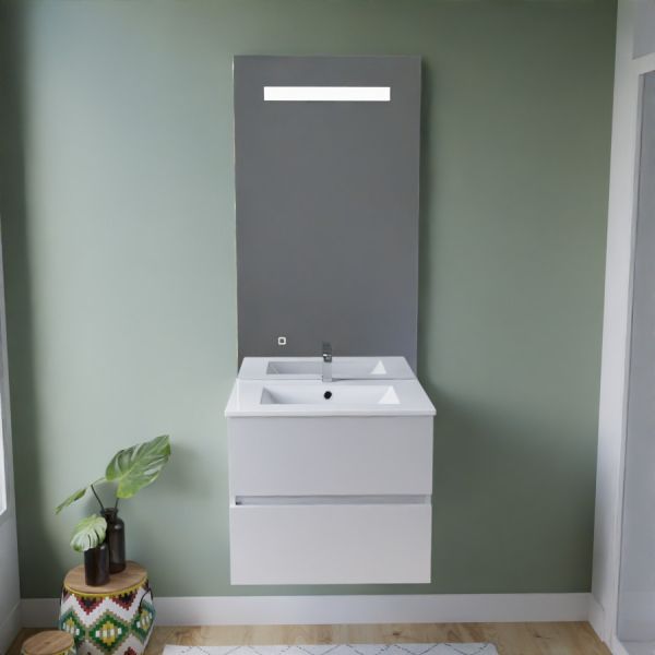 Meuble salle de bain inox ROSINOX 60 cm blanc avec plan vasque céramique + miroir Elégance ht105