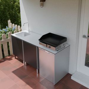 Cuisine d'extérieur en inox haut de gamme 180 cm avec évier, plan de travail et emplacement frigo KX14