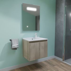 Meuble PROLINE 60 cm avec plan vasque en résine et miroir LED Elégance - Coloris bois