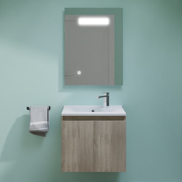 Meuble PROLINE 60 cm avec plan vasque en résine et miroir LED Elégance - Coloris bois