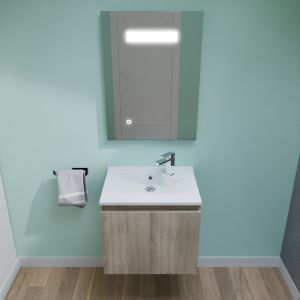 Meuble PROLINE 60 cm avec plan vasque en résine et miroir LED Elégance - Coloris bois