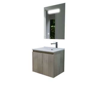 Meuble PROLINE 60 cm avec plan vasque en résine et miroir LED Elégance - Coloris bois