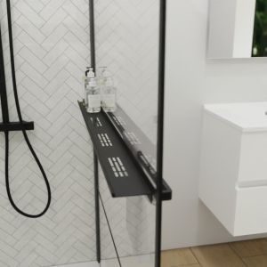 Paroi de douche noir mat avec porte-serviette et tablette DARKY 110 cm