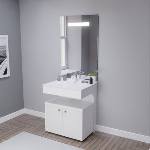 Meuble vasque EPURE 70 cm, miroir led Elégance ht105 et Mobiroul 70 cm - blanc brillant