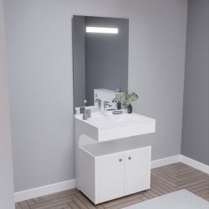 Meuble vasque EPURE 70 cm, miroir led Elégance ht105 et Mobiroul 70 cm - blanc brillant