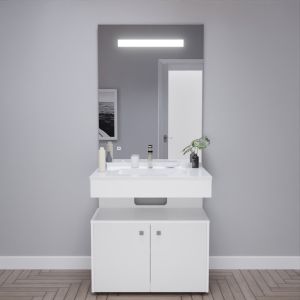 Meuble vasque EPURE 80 cm, miroir led Elégance ht105 et Mobiroul 80 cm - blanc brillant