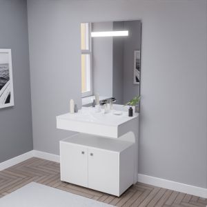 Meuble vasque EPURE 80 cm, miroir led Elégance ht105 et Mobiroul 80 cm - blanc brillant