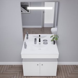 Meuble vasque EPURE 90 cm, miroir led Elégance ht105 et Mobiroul 90 cm - blanc brillant