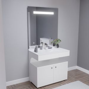 Meuble vasque EPURE 90 cm, miroir led Elégance ht105 et Mobiroul 90 cm - blanc brillant