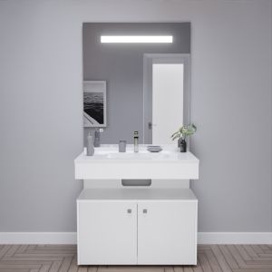 Meuble vasque EPURE 90 cm, miroir led Elégance ht105 et Mobiroul 90 cm - blanc brillant