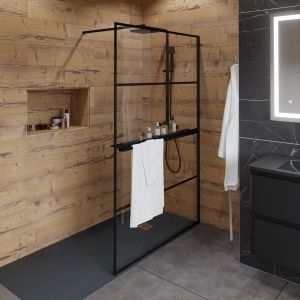 Paroi de douche noir mat avec porte-serviette et tablette DARKY 120 cm