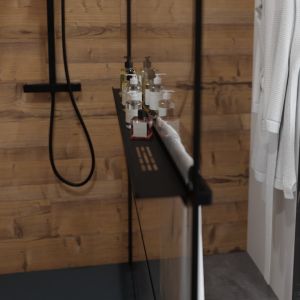 Paroi de douche noir mat avec porte-serviette et tablette DARKY 120 cm