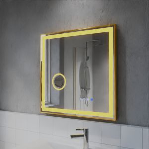 Miroir LED cadre doré CARA 70 cm x 70 cm - antibuée, horloge et loupe 