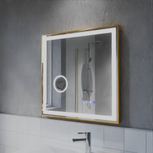 Miroir LED cadre doré CARA 70 cm x 70 cm - antibuée, horloge et loupe 