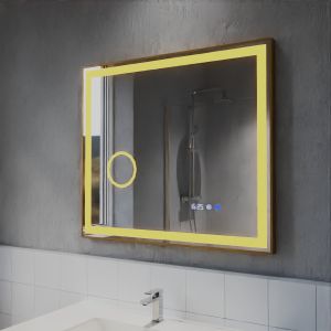 Miroir LED cadre doré CARA 80 cm x 70 cm - antibuée, horloge et loupe 