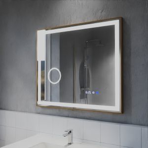 Miroir LED cadre doré CARA 80 cm x 70 cm - antibuée, horloge et loupe 