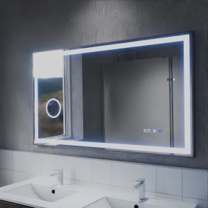 Miroir LED cadre doré CARA 120 x 70 cm - antibuée, horloge et loupe 