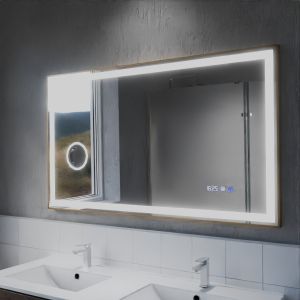 Miroir LED cadre doré CARA 120 x 70 cm - antibuée, horloge et loupe 