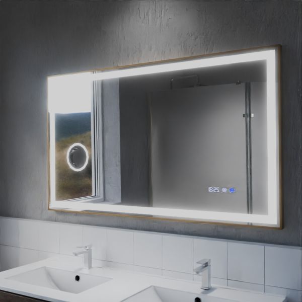 Miroir LED cadre doré CARA 120 x 70 cm - antibuée, horloge et loupe 