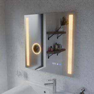 Miroir LED avec antibuée, loupe et horloge DUETTO - 70 x 70 cm