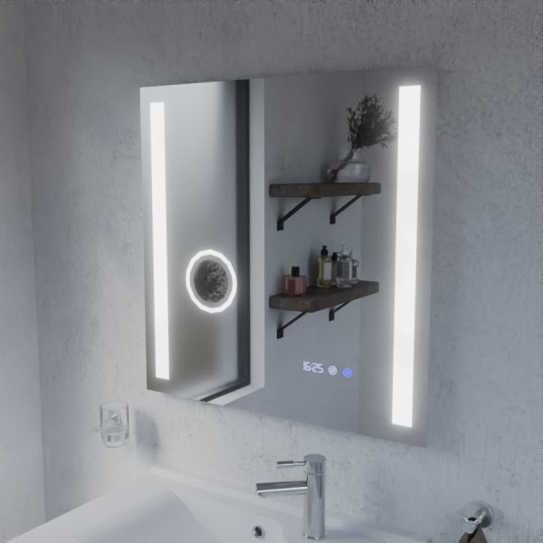 Miroir LED avec antibuée, loupe et horloge DUETTO - 70 x 70 cm