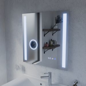 Miroir LED avec antibuée, loupe et horloge DUETTO - 70 x 70 cm