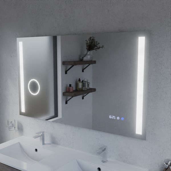 Miroir LED avec antibuée, loupe et horloge DUETTO - 120 x 70 cm