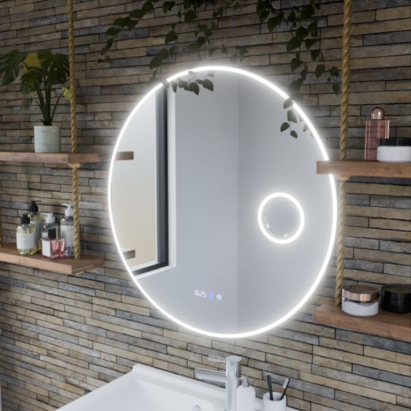 Miroir lumineux rond RONDI PLUS 80 cm - antibuée, horloge et loupe